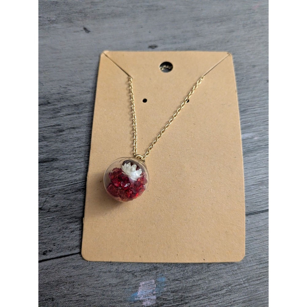 Handmade Red and White Dried Flower Glass Globe Terrarium Necklace Gold Tone